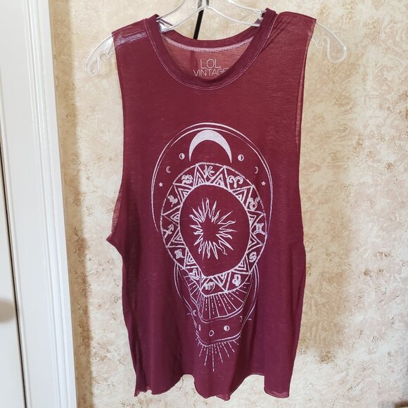 L.O.L. Vintage Tops - Celestial Horoscope wine red see-through tank top